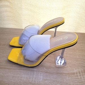 Women's Clear Heels Sandals Square Toe High Stiletto Mules Slip on Wedding Dress